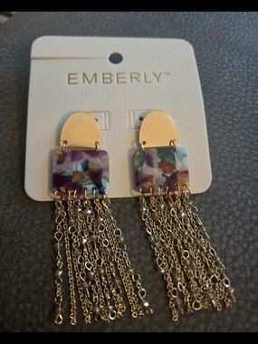 NWT Kohl's Emberly Multicolor Resin Tile and Gold Chain Tassel Earrings